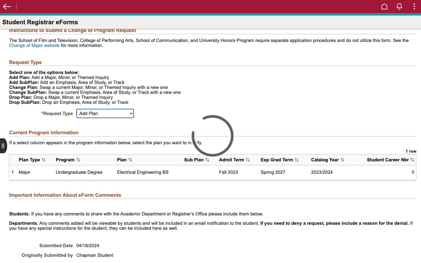 Select Add Plan from *Request Type to add to your academic program