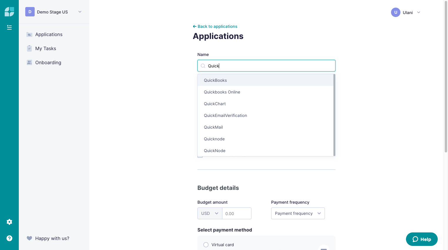 Type the name of your software, or how you'd like to call the app. Even if you don't see your software in the dropdown list, the app will be created regardless and we will match the app to a known SaaS provider once the first transaction comes throug