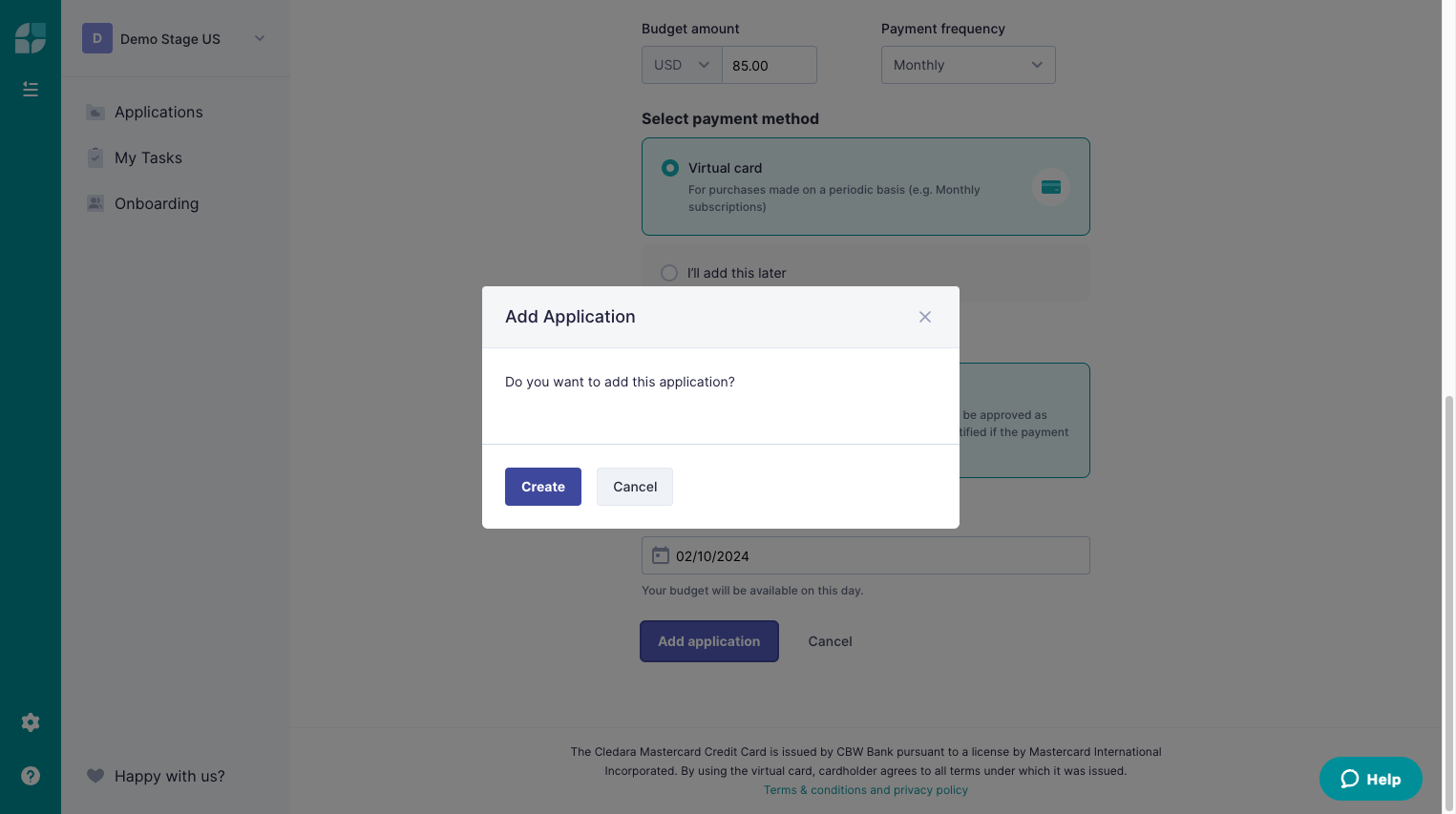 Click on Create to confirm.