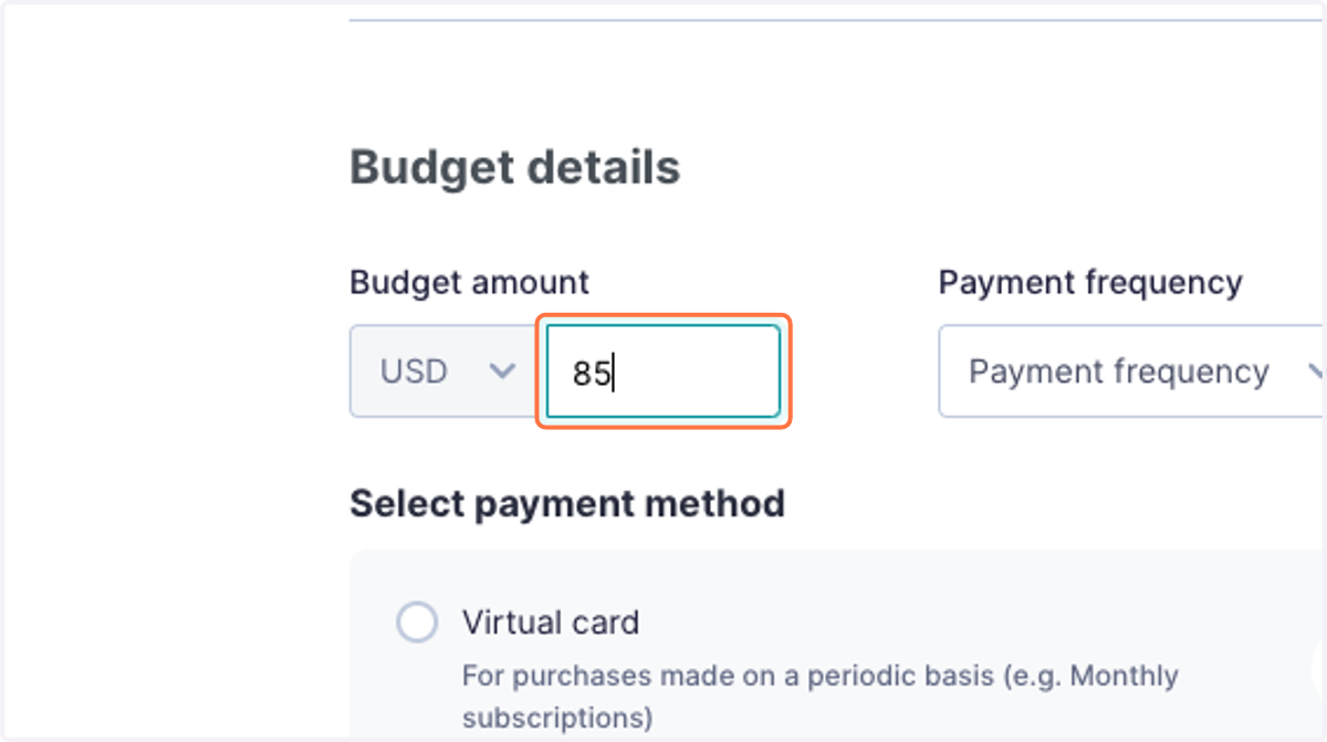 Select budget currency and amount.