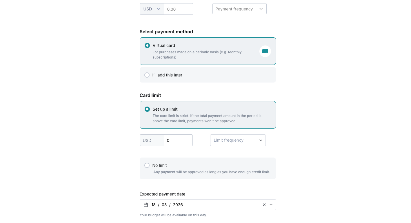 Optional: you can set up a card limit to ensure your payments never exceed your desired threshold. If a transaction exceeds the set limit for a given period, the payment will be proactively blocked.