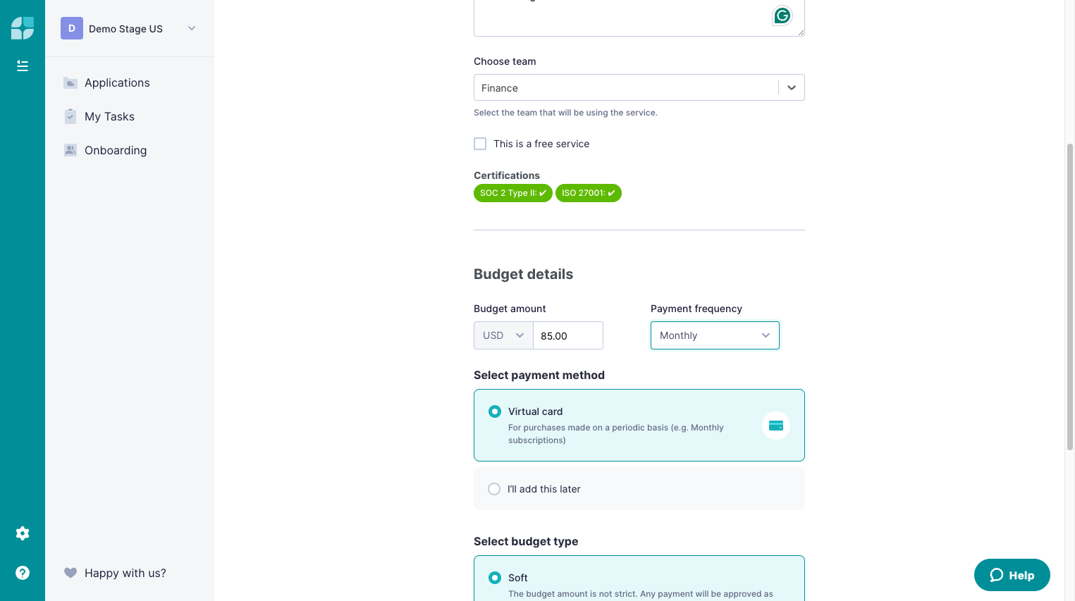 Select payment method. If Virtual card is selected, a new card will be generated once the application is approved and/or created.