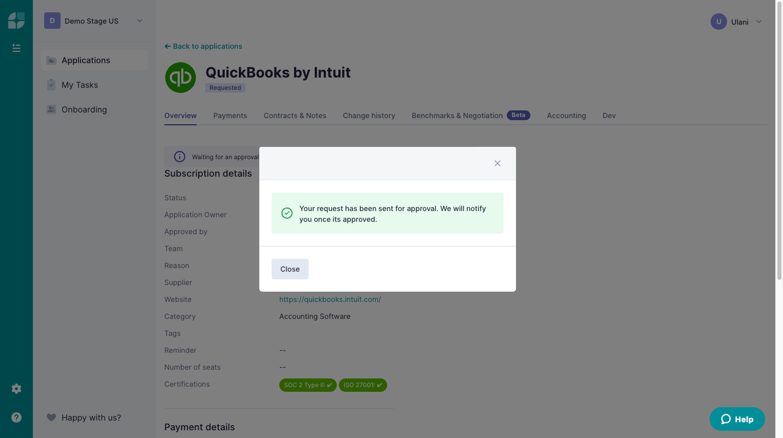 If Approval flow is enabled for your workspace, your request will be sent to your Approvers. Otherwise, your app will be created right away.