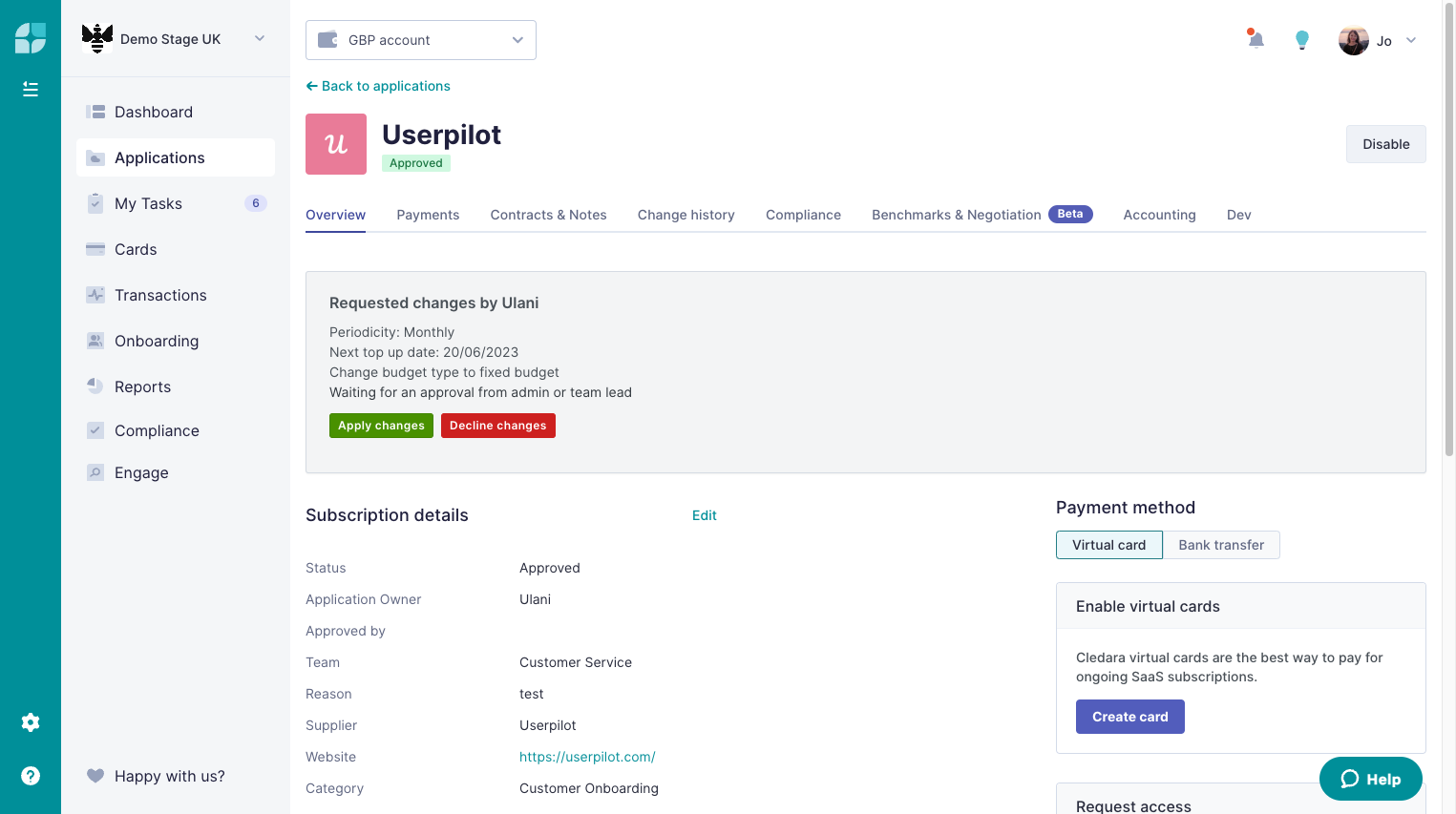 Click Apply changes to approve, or Decline changes to reject.