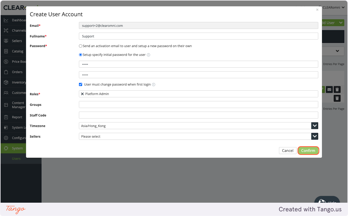 Click on "Confirm" to finalize the creation of the user account.