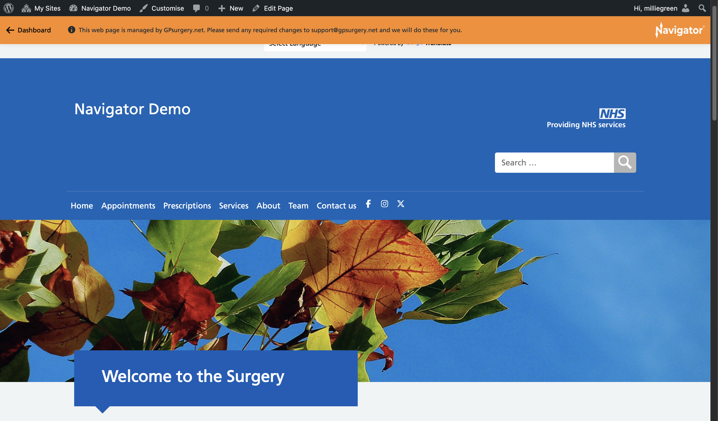 Ensure that you are logged into your website. The black admin toolbar and orange Navigator toolbar should be visible at the top of the screen.
