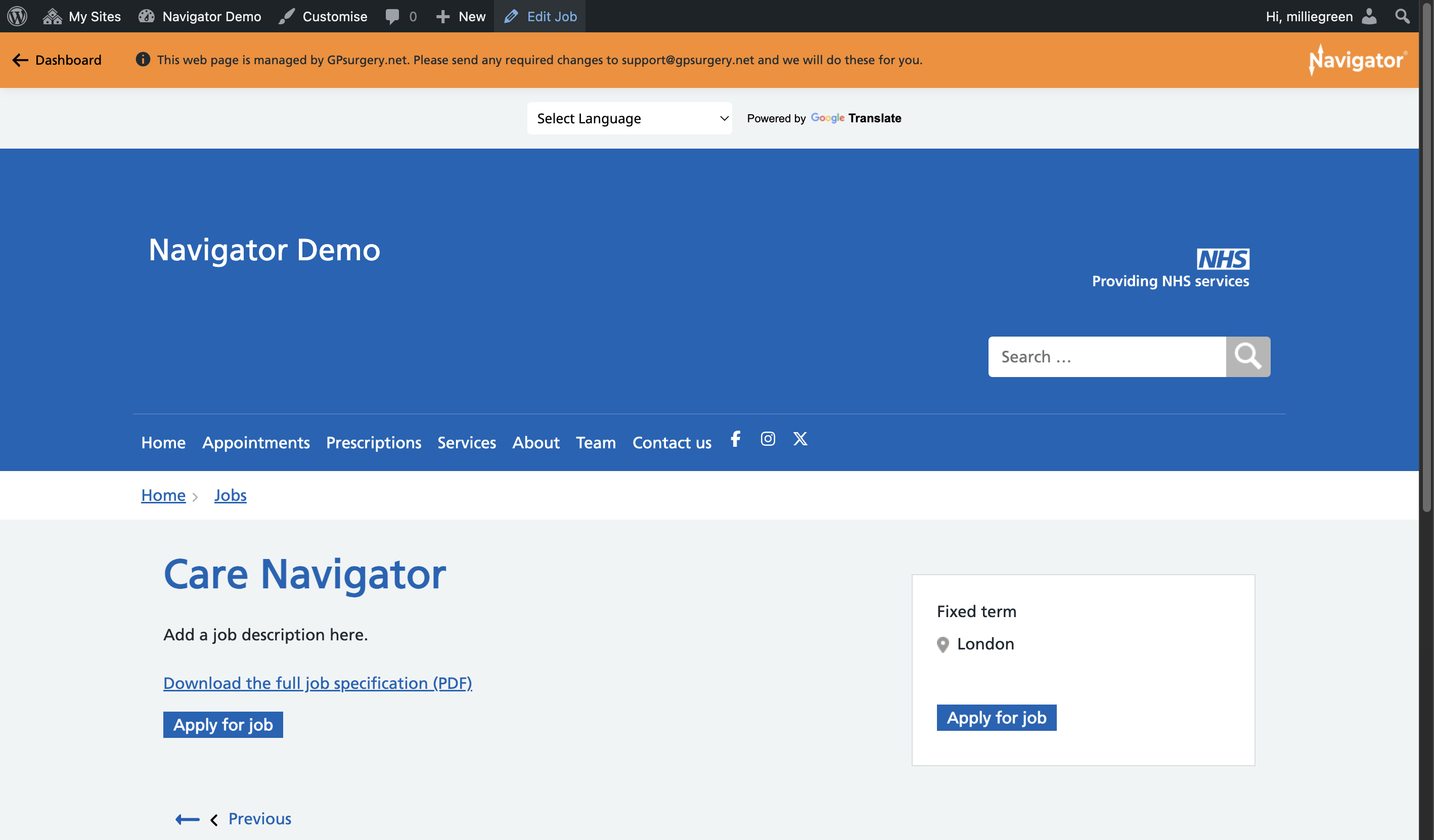 A Job published on a Navigator website, with Edit Jobs selected in the Admin toolbar.