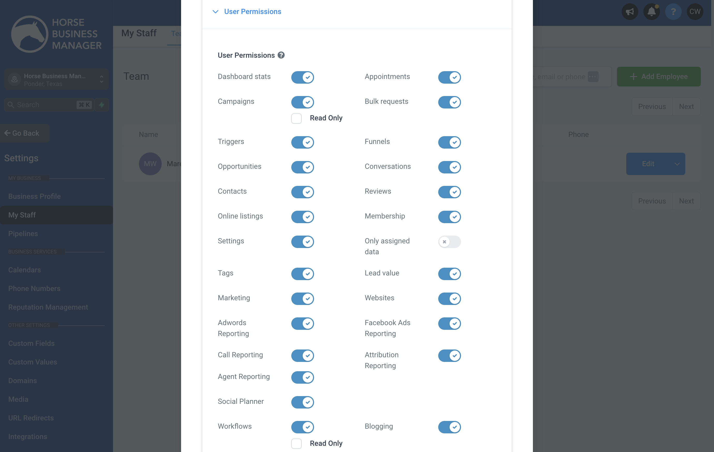 Turn off any sections that you want to disable the user from accessing