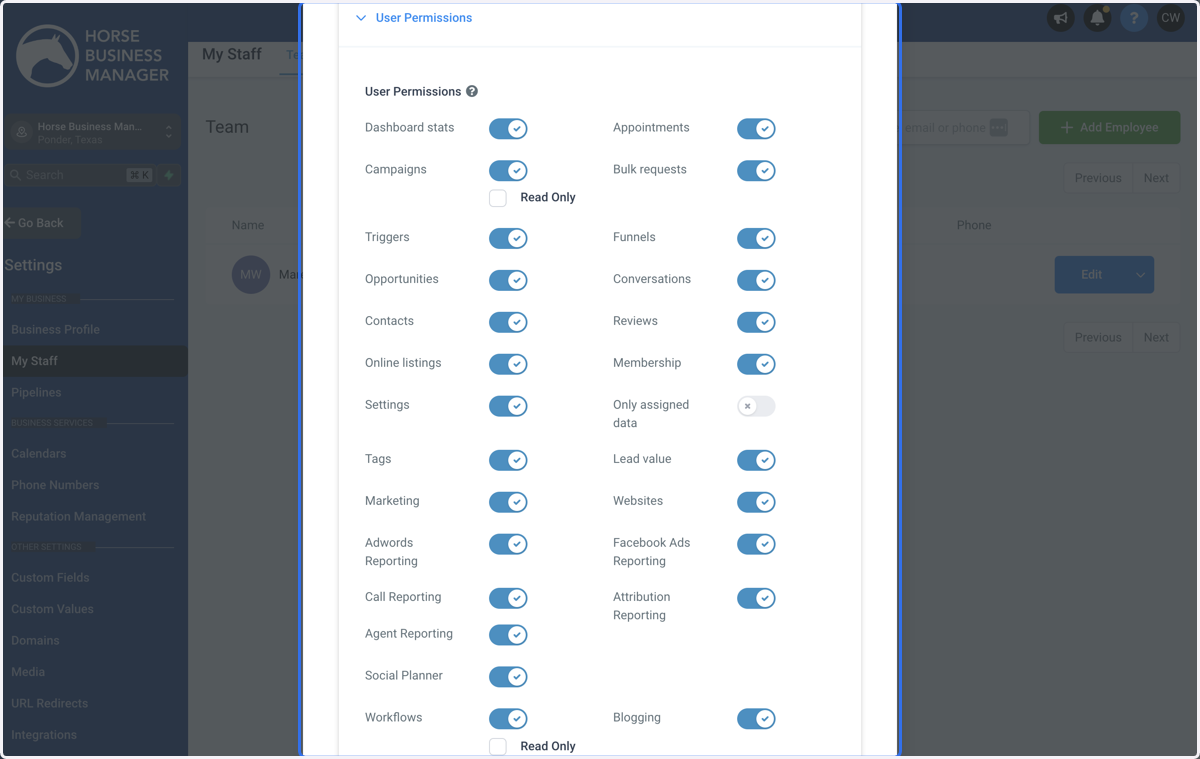 Turn off any sections that you want to disable the user from accessing