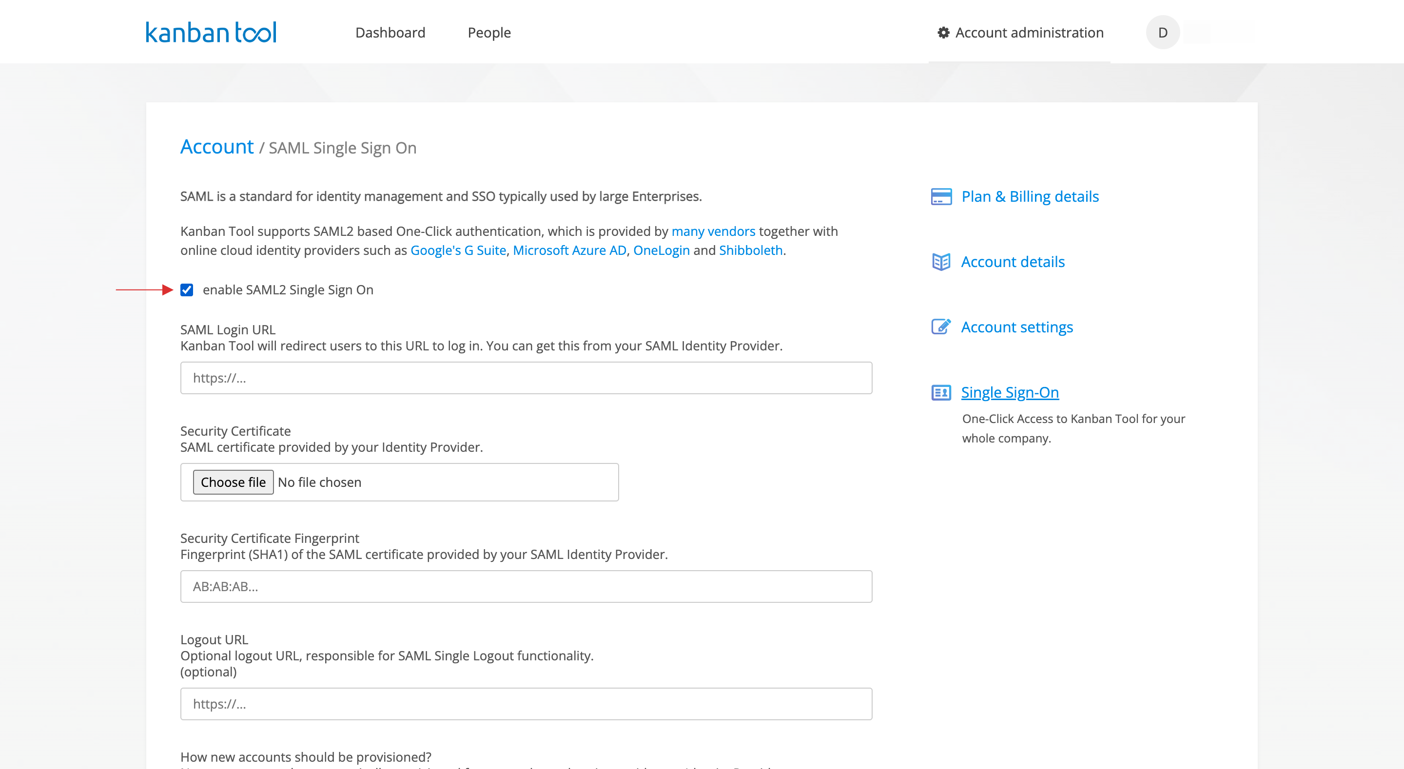 enable SAML2 Single Sign On