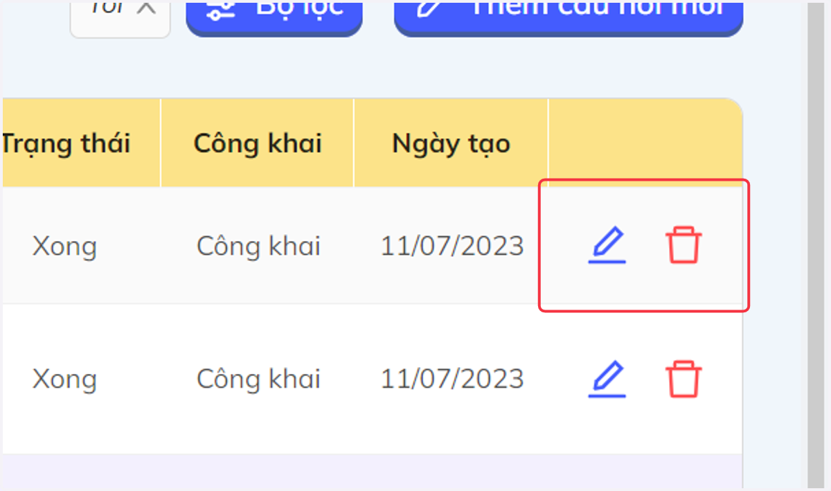 Nhấn chọn biểu tượng cây bút để chỉnh sửa câu hỏi hoặc biểu tượng thùng rác để xóa câu hỏi