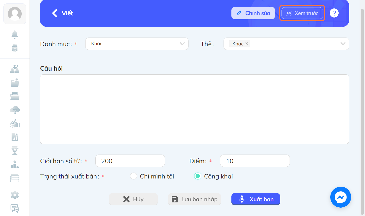 Nhấn chọn "Xem trước" để xem mẫu câu hỏi
