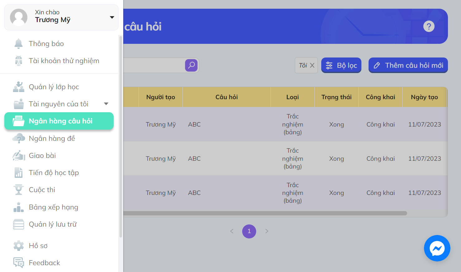 Nhấn chọn "Ngân hàng câu hỏi"