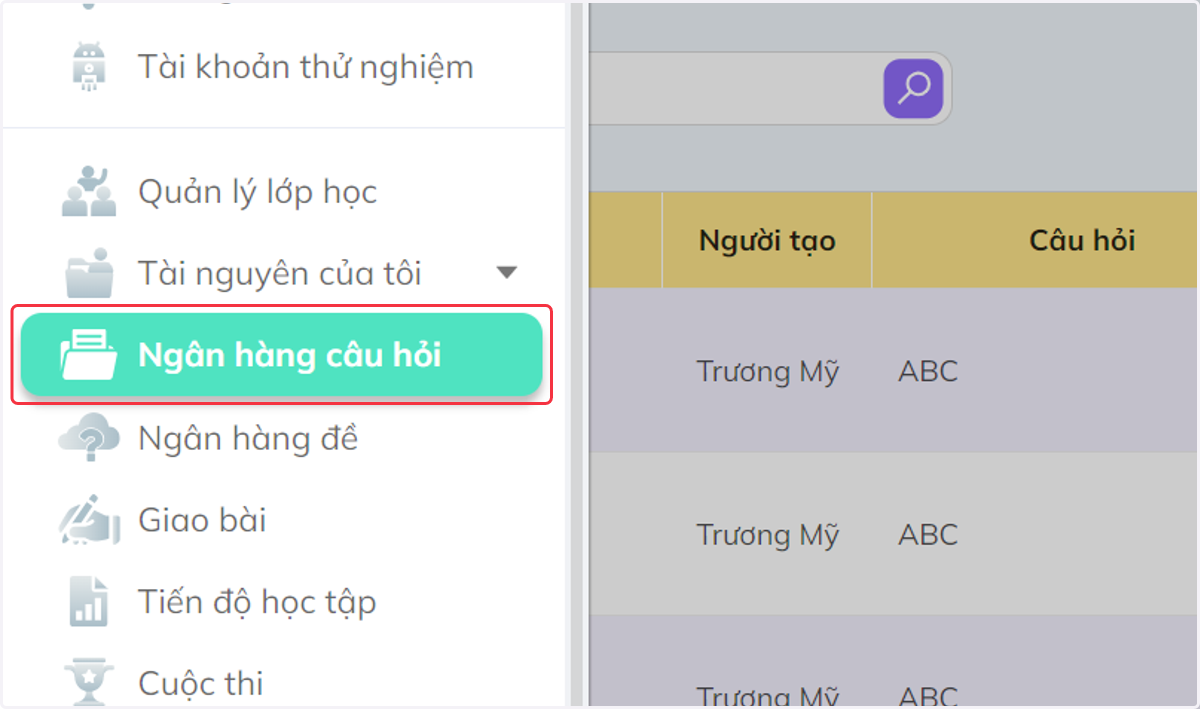 Nhấn chọn "Ngân hàng câu hỏi"