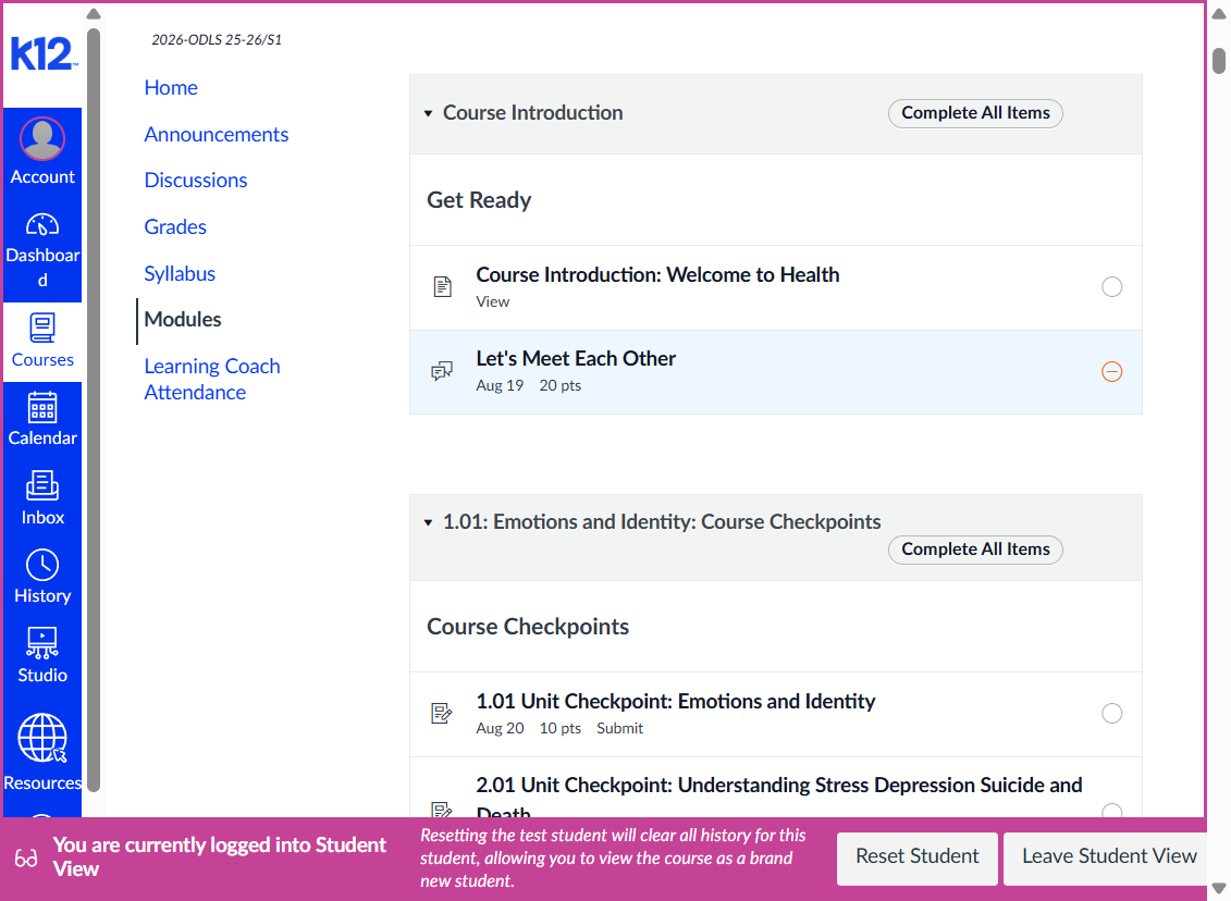 Click on the arrow to the left of the module you want to see. This will open your access to the course materials.