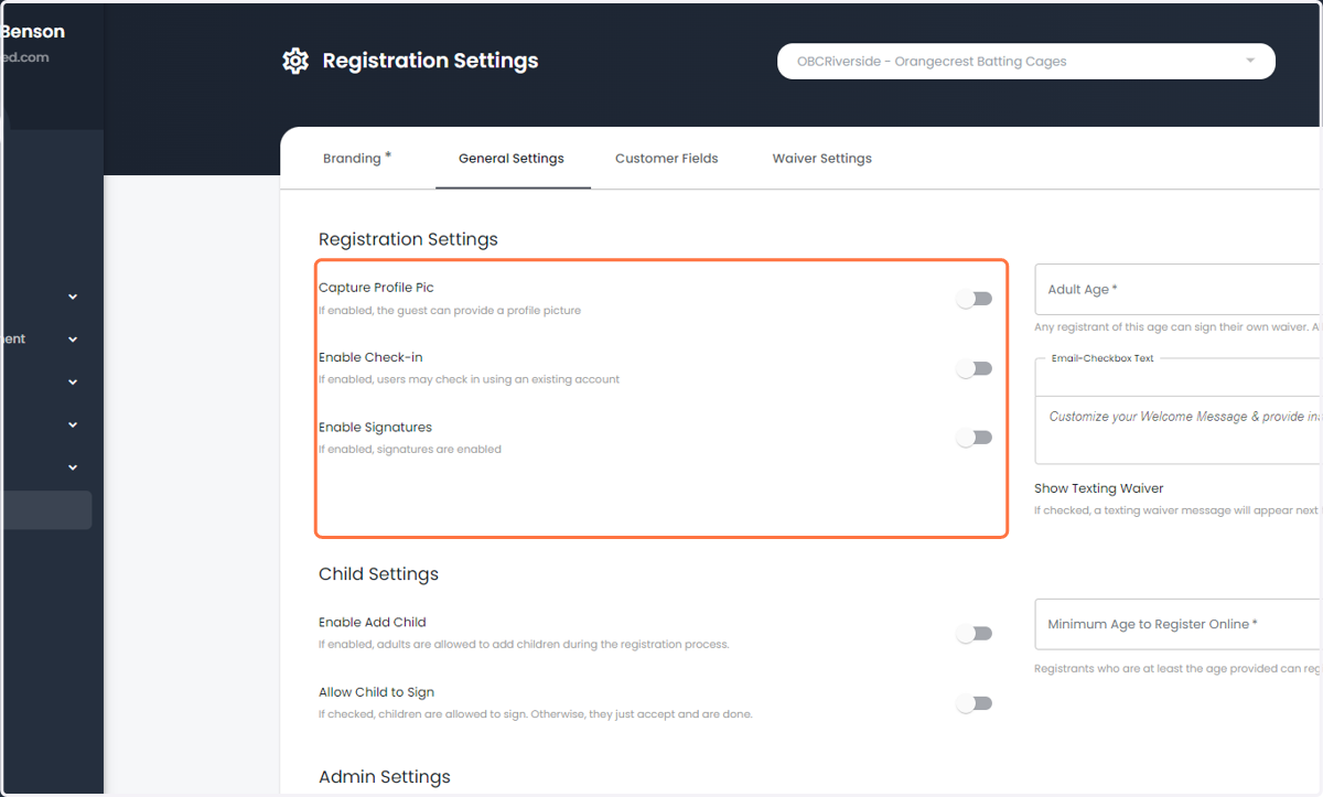 Configure the standard registration settings