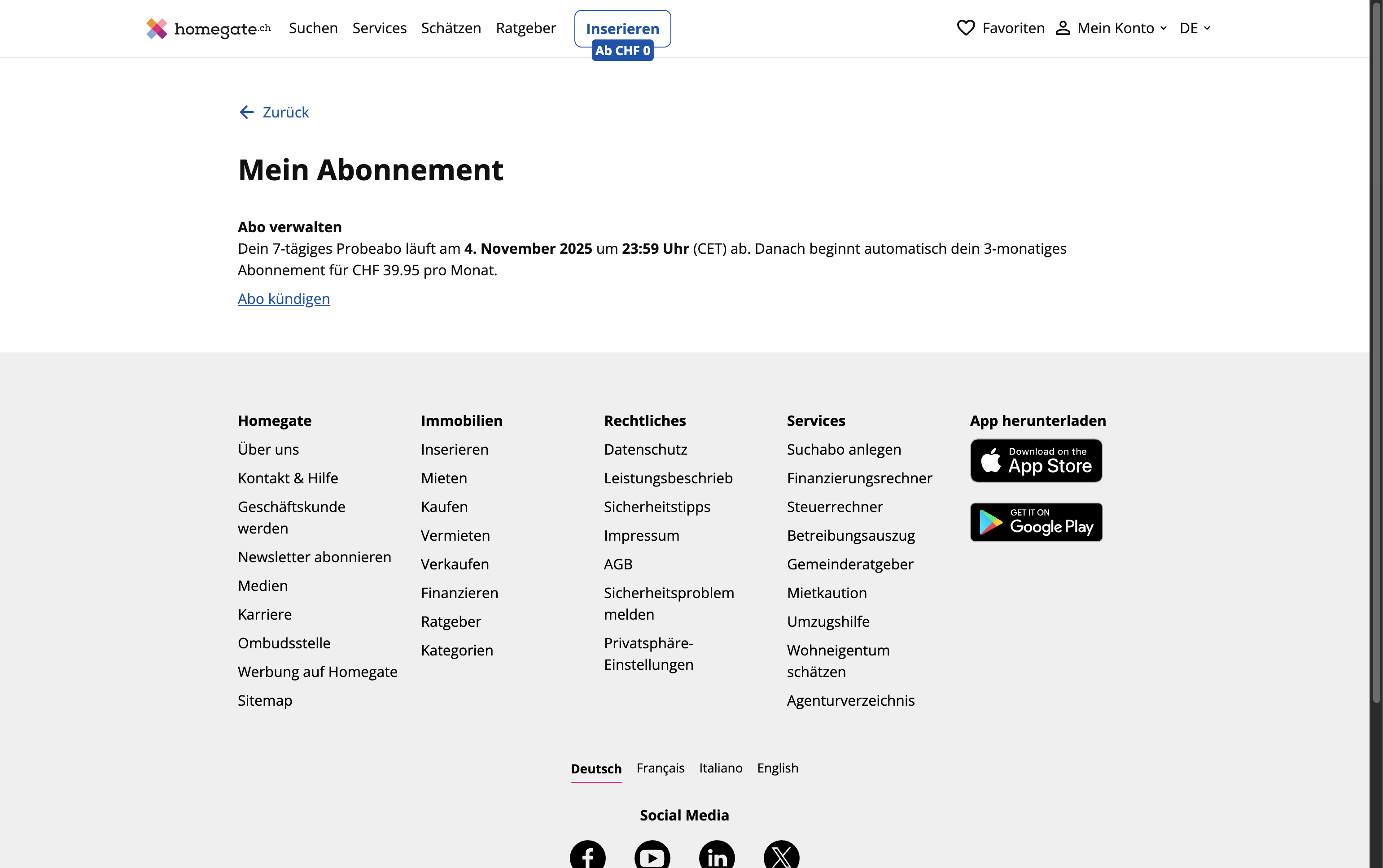 Klick auf Abo kündigen