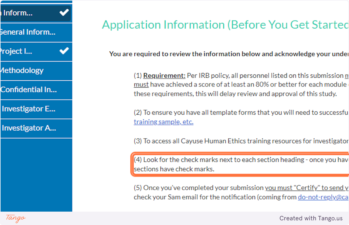 The application details explain to look for a white checkmark beside each application section in the blue menu. 