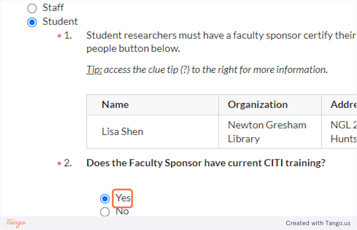 Indicate whether your faculty sponsor has up-to-date CITI training on record with SHSU's Office of Research. If you aren't sure, ask your sponsor!