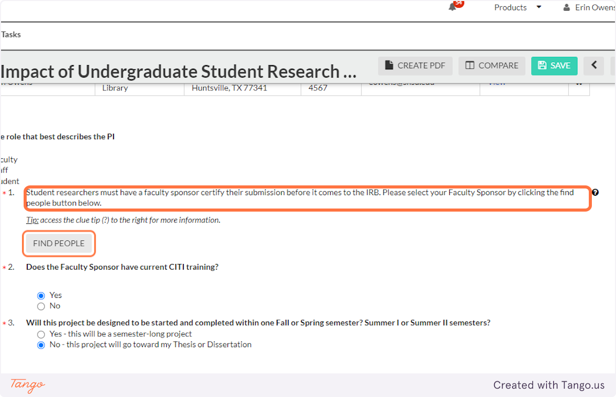 A note will inform you that student PIs must have a faculty sponsor, who must be identified in this IRB submission.