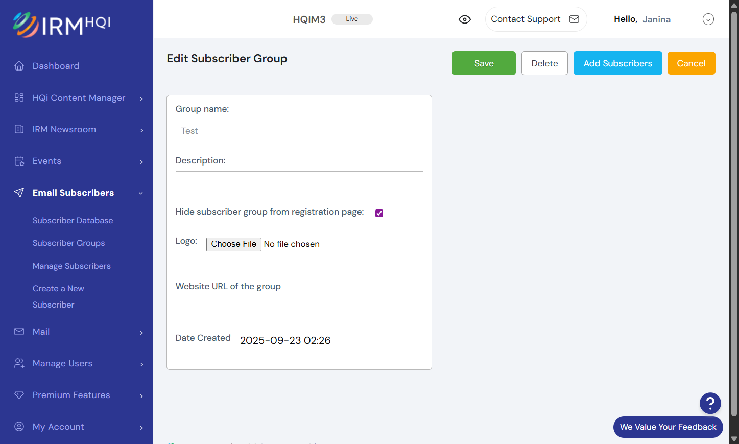 At the bottom of the next screen, just check on the box that says “Hide subscriber group from registration page”.