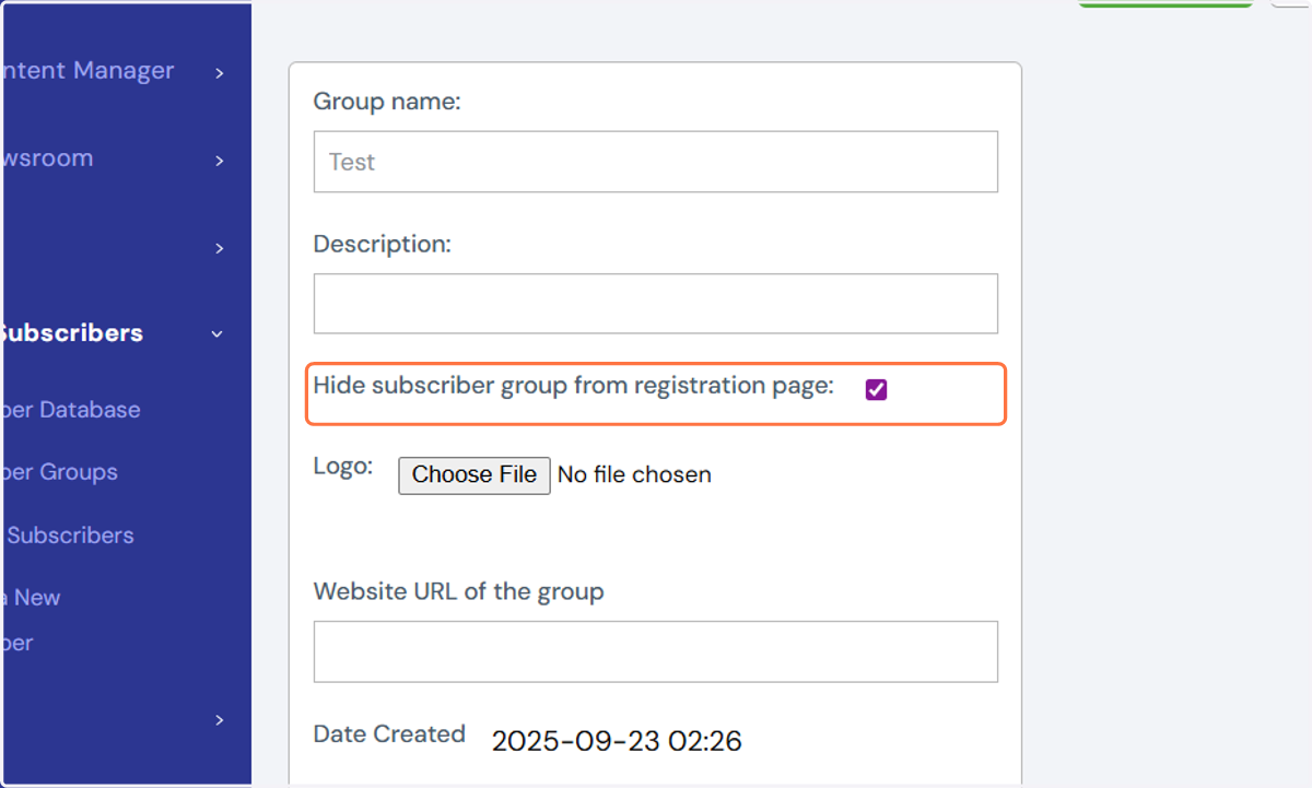 At the bottom of the next screen, just check on the box that says “Hide subscriber group from registration page”.