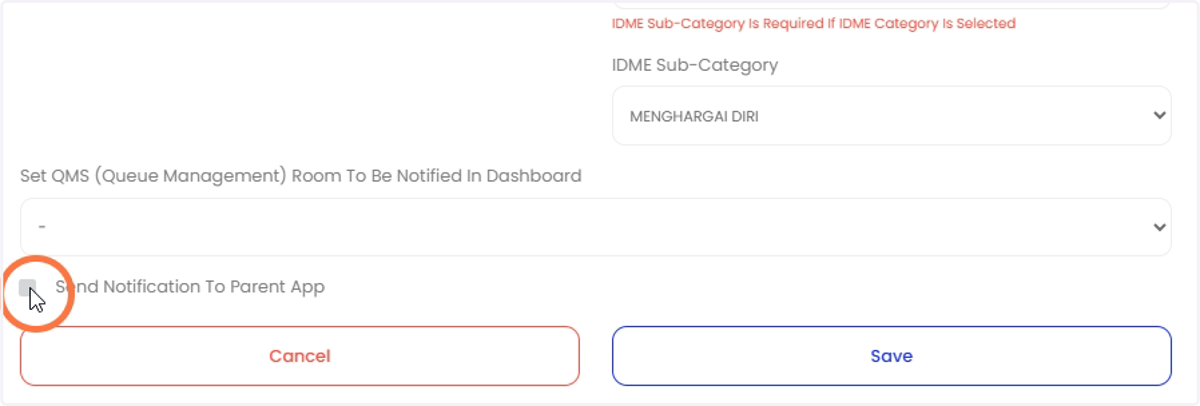 Guru boleh klik seperti di bawah jika ingin menghantar notifikasi item tersebut kepada ibu bapa.