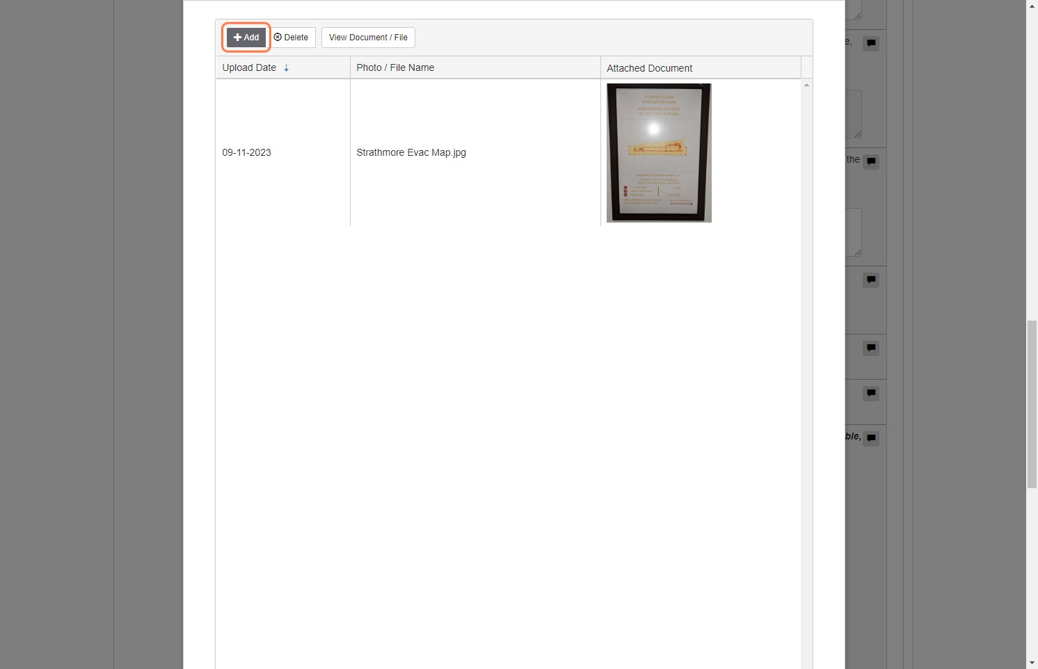 A new window should open showing the "Attached Documents" table. This table will display all previously attached documents. To add a new document, click on the "+Add" button.