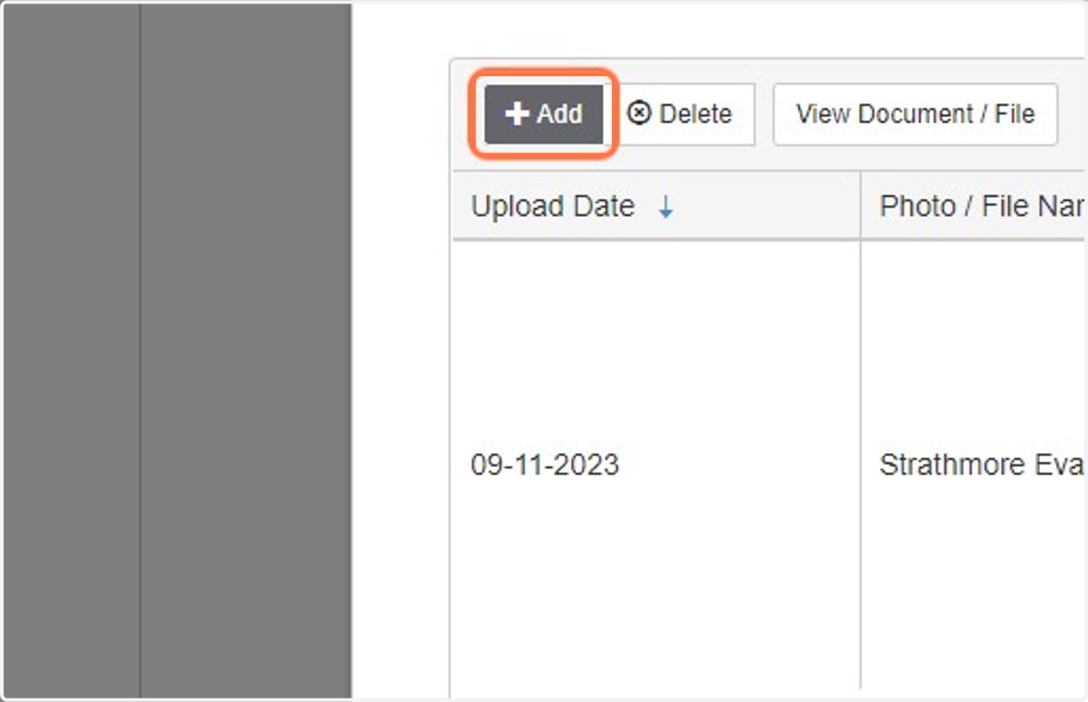 A new window should open showing the "Attached Documents" table. This table will display all previously attached documents. To add a new document, click on the "+Add" button.