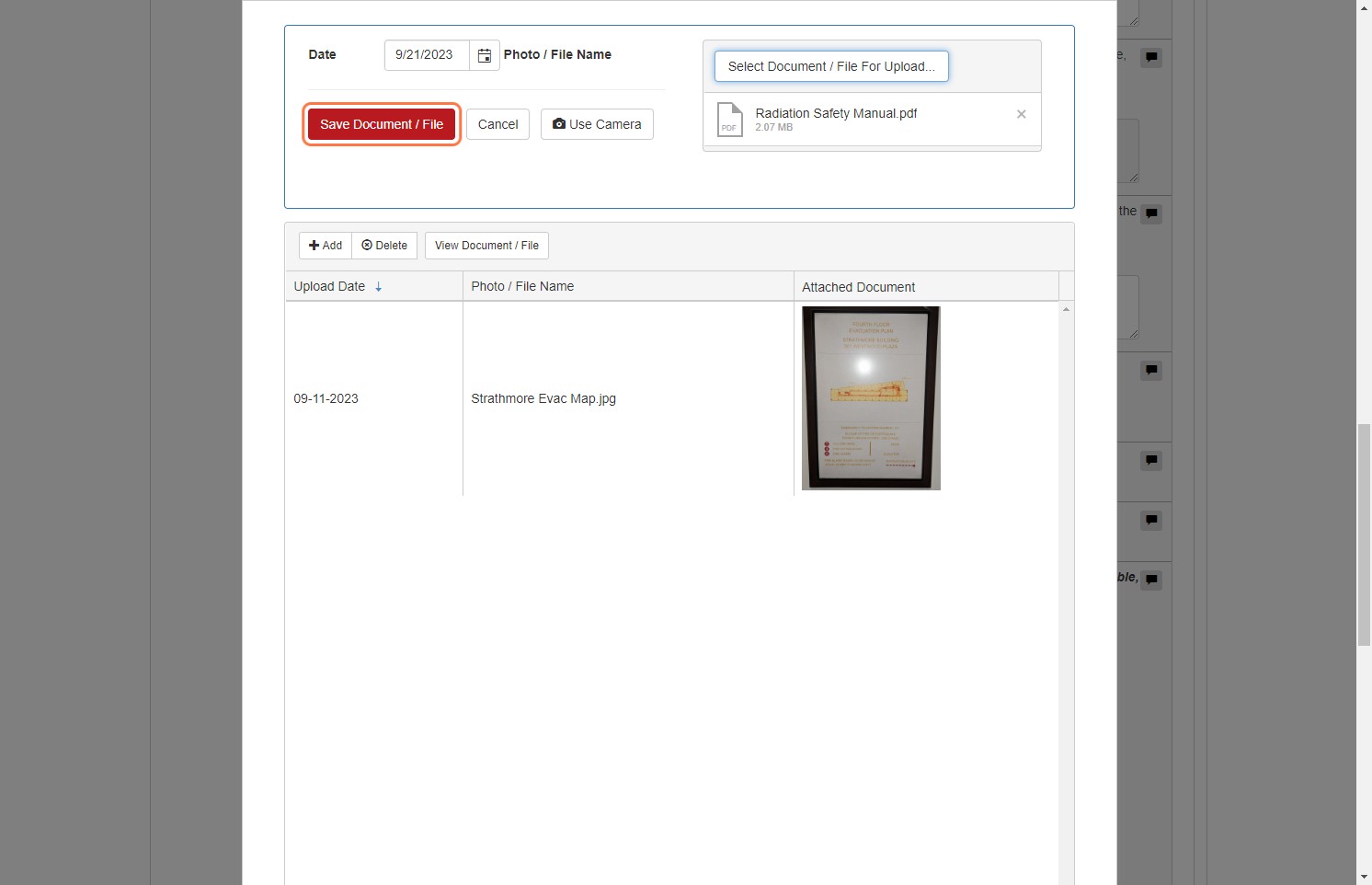 Once the correct file has been selected, click on the red, "Save Document/File" button. This will attach the photo/file to the EAP.