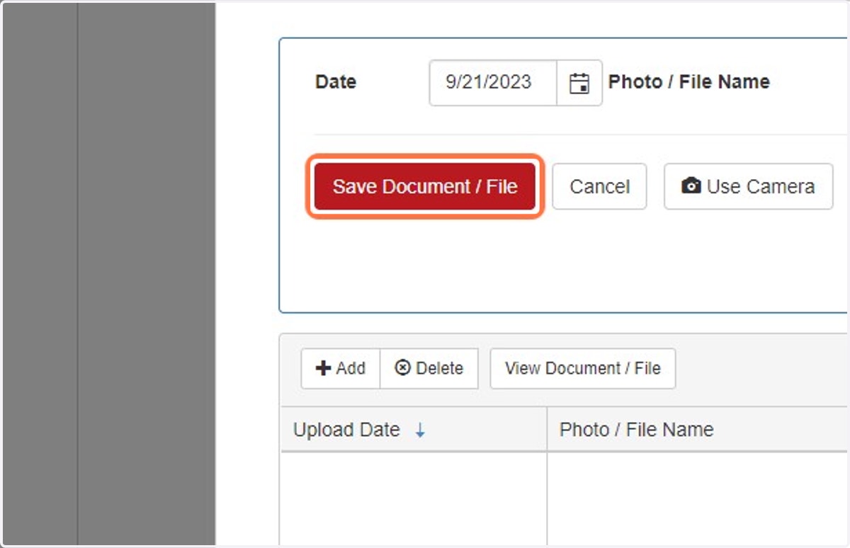 Once the correct file has been selected, click on the red, "Save Document/File" button. This will attach the photo/file to the EAP.