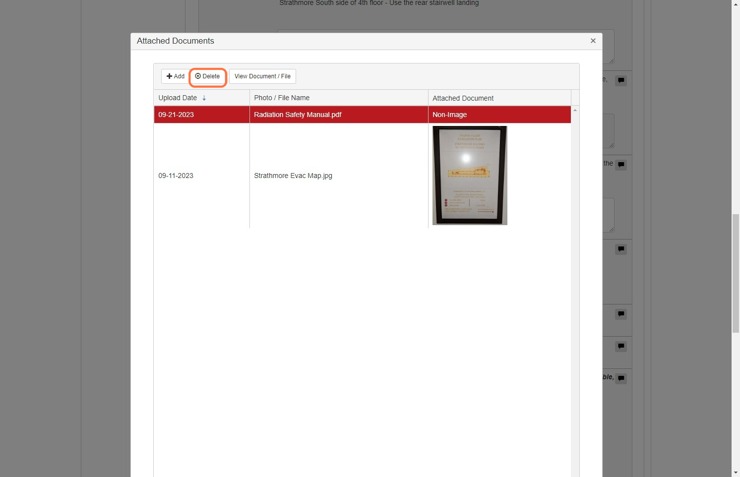 To delete the file, click on the row where the item is listed, it should be highlighted in red. Click on the "Delete" button to remove the file.