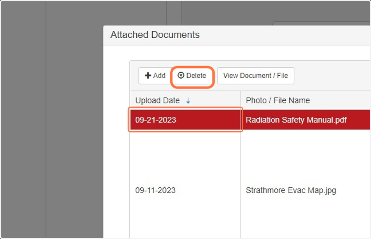 To delete the file, click on the row where the item is listed, it should be highlighted in red. Click on the "Delete" button to remove the file.