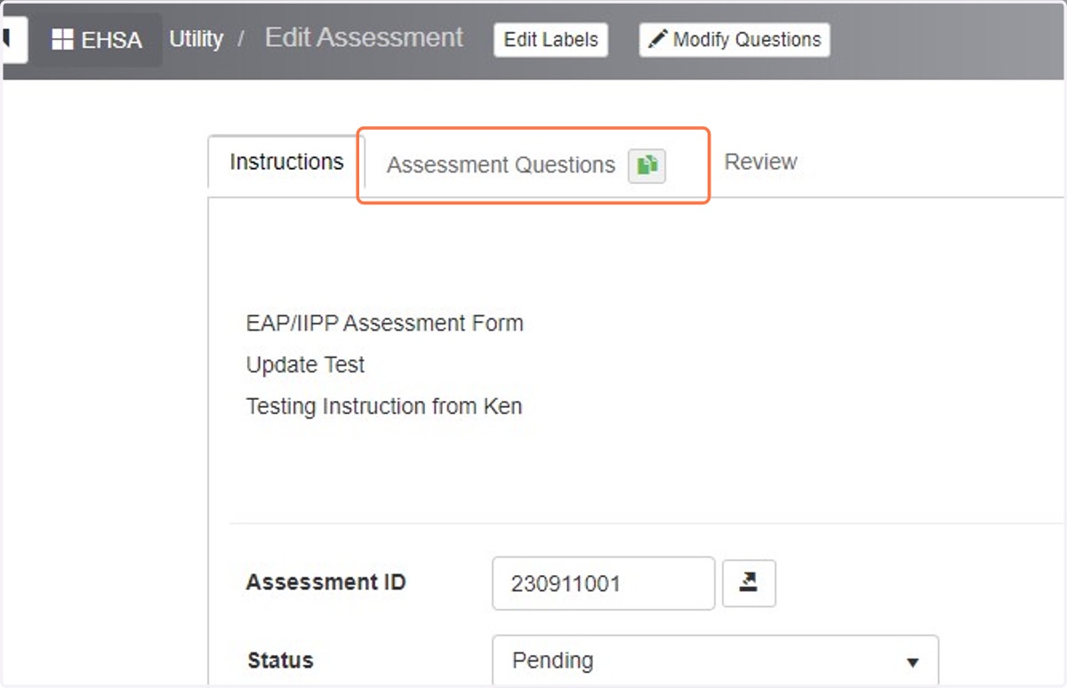 Navigate to the Assessment Questions tab