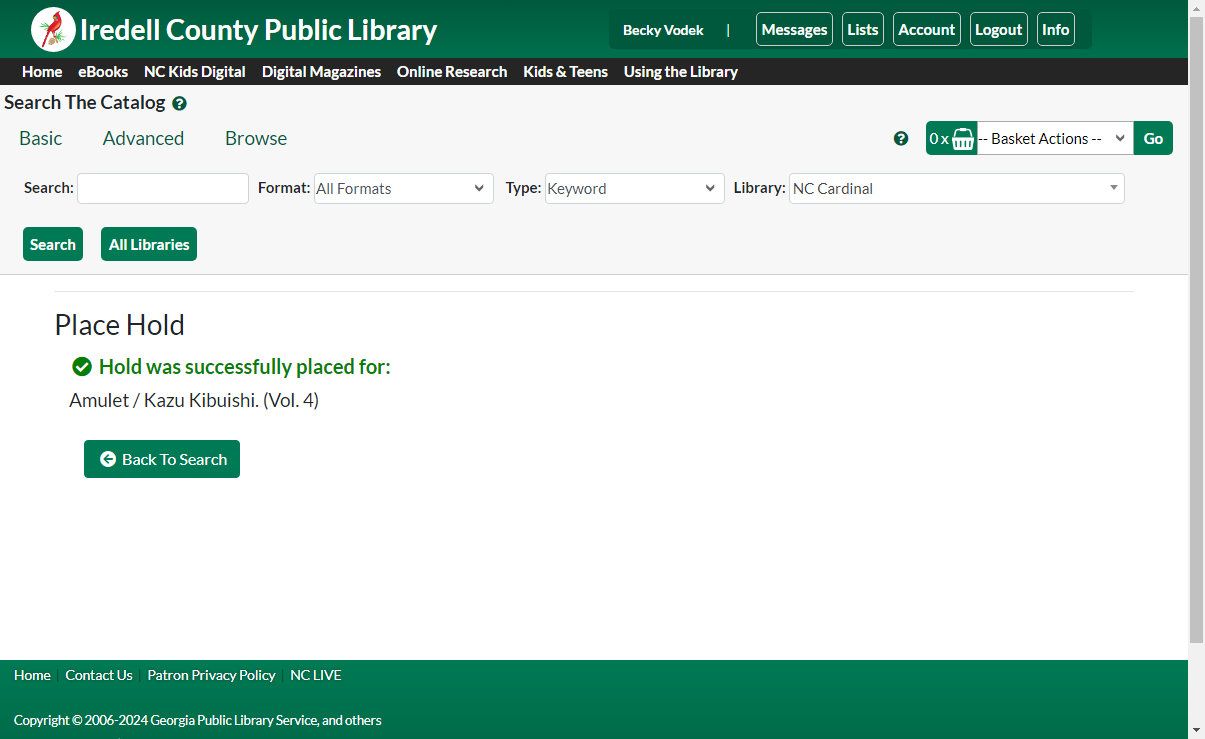 Click on Hold was successfully placed for: