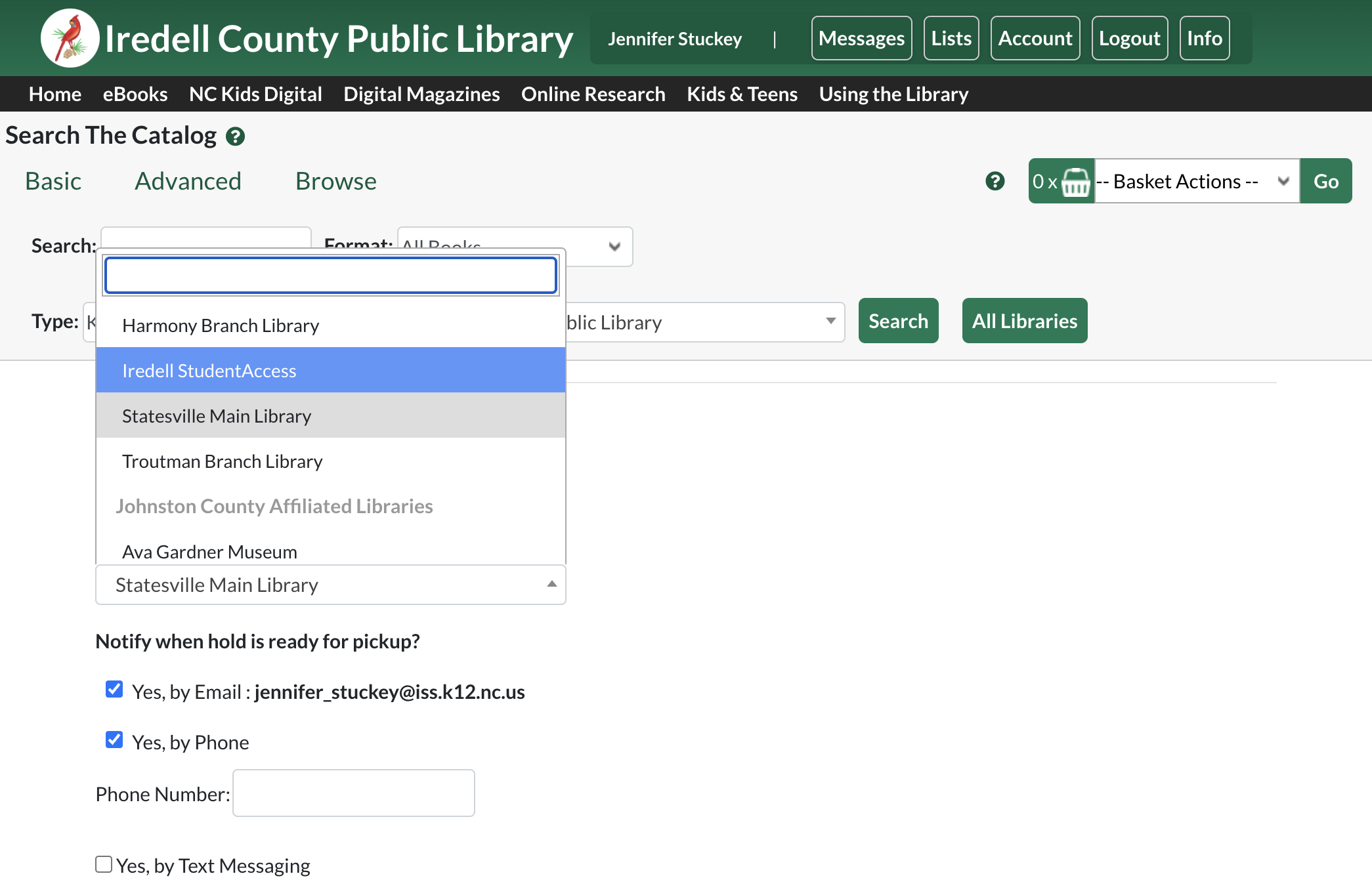 Select 'Iredell StudentAccess' from the Pickup Location menu