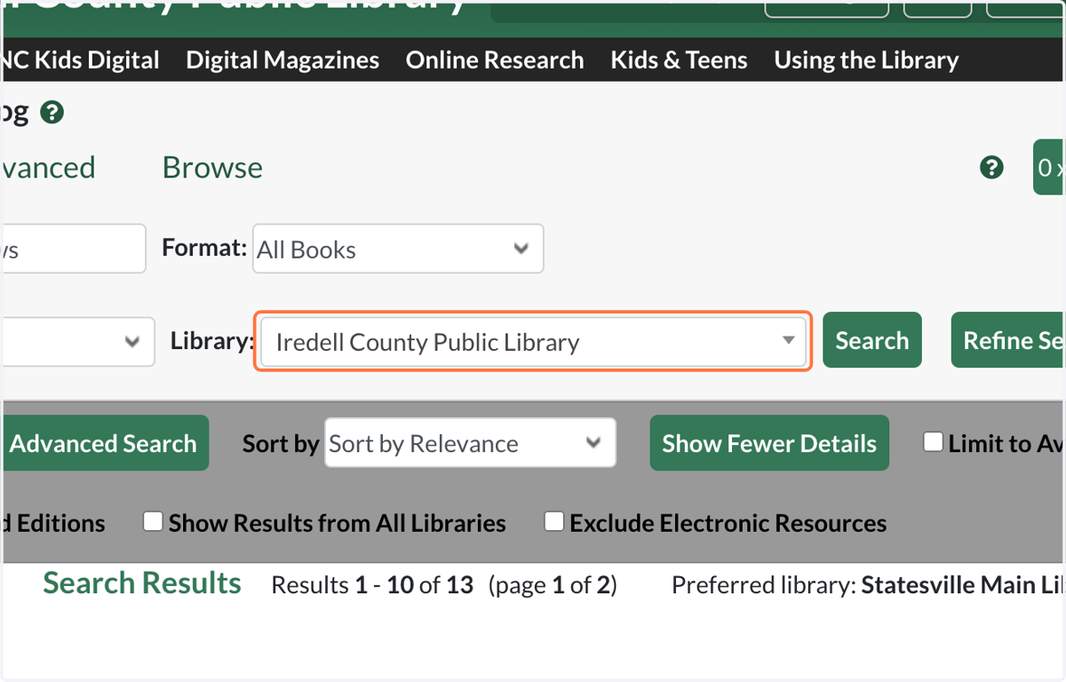 Select 'Iredell County Public Library' from the library drop-down menu