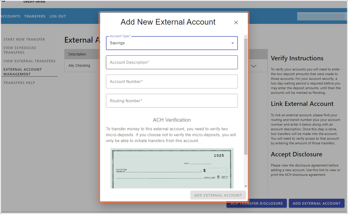 Add External Account Details (Click to continue)