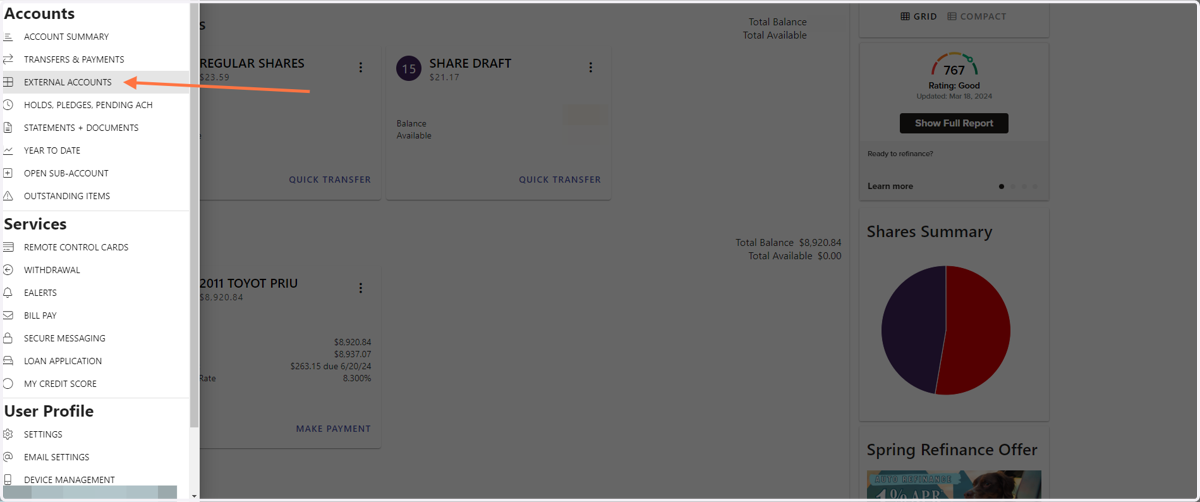 Open the "External Accounts" tool in Sierra's Online Banking