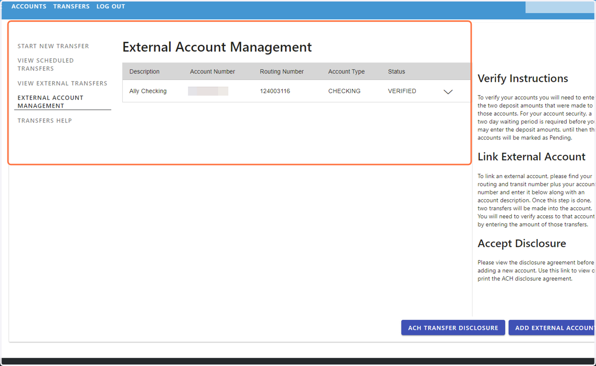See any external accounts already added (click to continue)