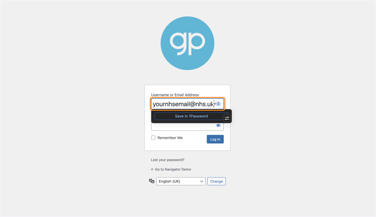 The Log In screen with an NHS email address typed into the Username or Email address box.