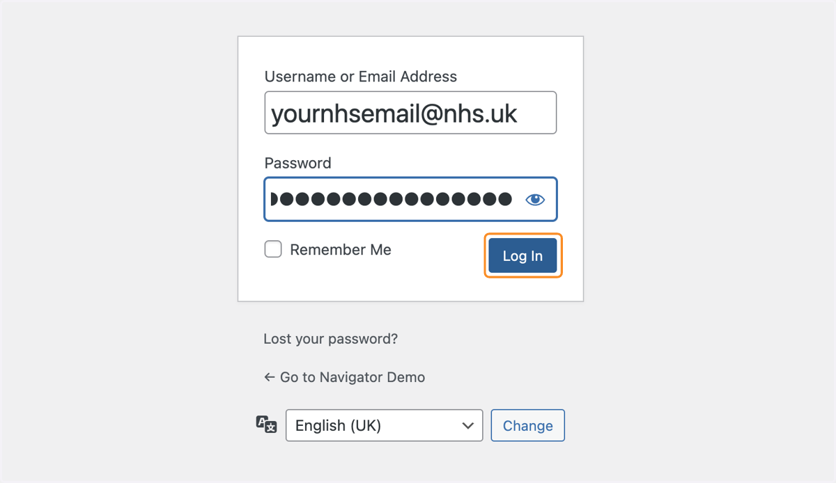 The Log In button selected