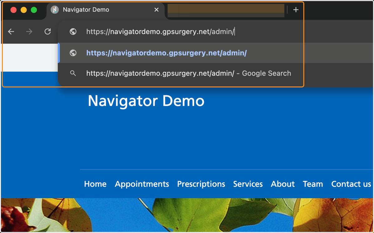 The address bar of a browser, with /admin added to the end of the website address.