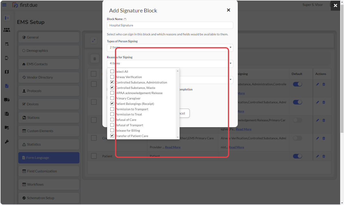 Choose which signature reasons apply to the selected block.