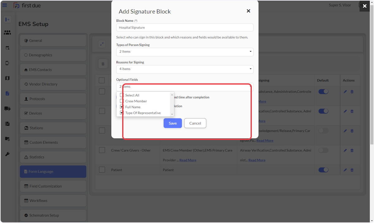 Enable or disable Optional Fields within the selected block.