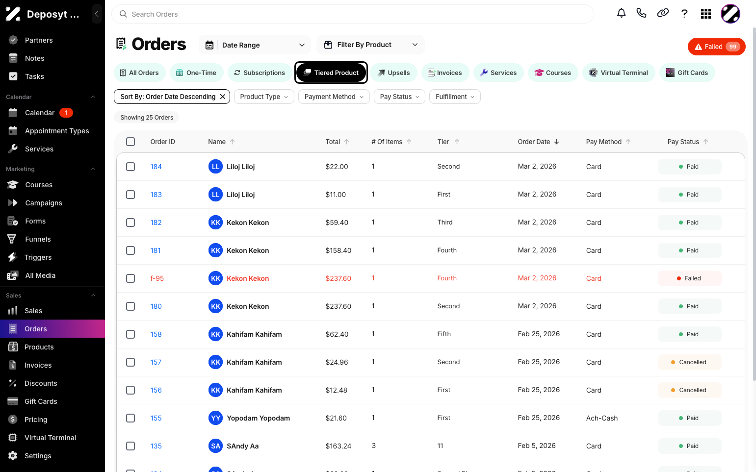 Step 3: By default, the All Orders tab is displayed. Click the Tiered Products button to view tiered product orders. Here, you can see the Order ID, Customer Name, Total Amount, Number of Items, Tier, Order Date, Payment Method, and Pay Status.