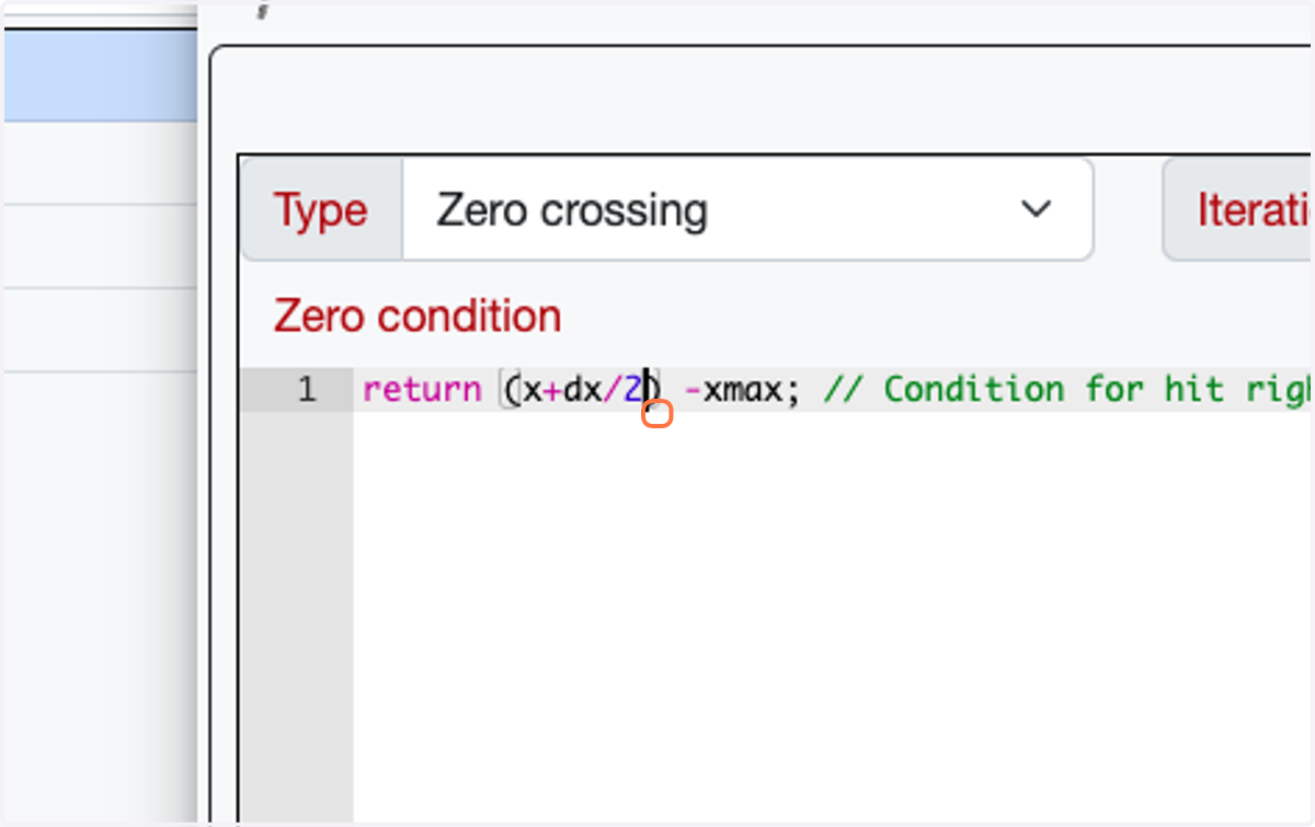 Type "return (x+dx/2) -xmax; // Condition for hit right border "