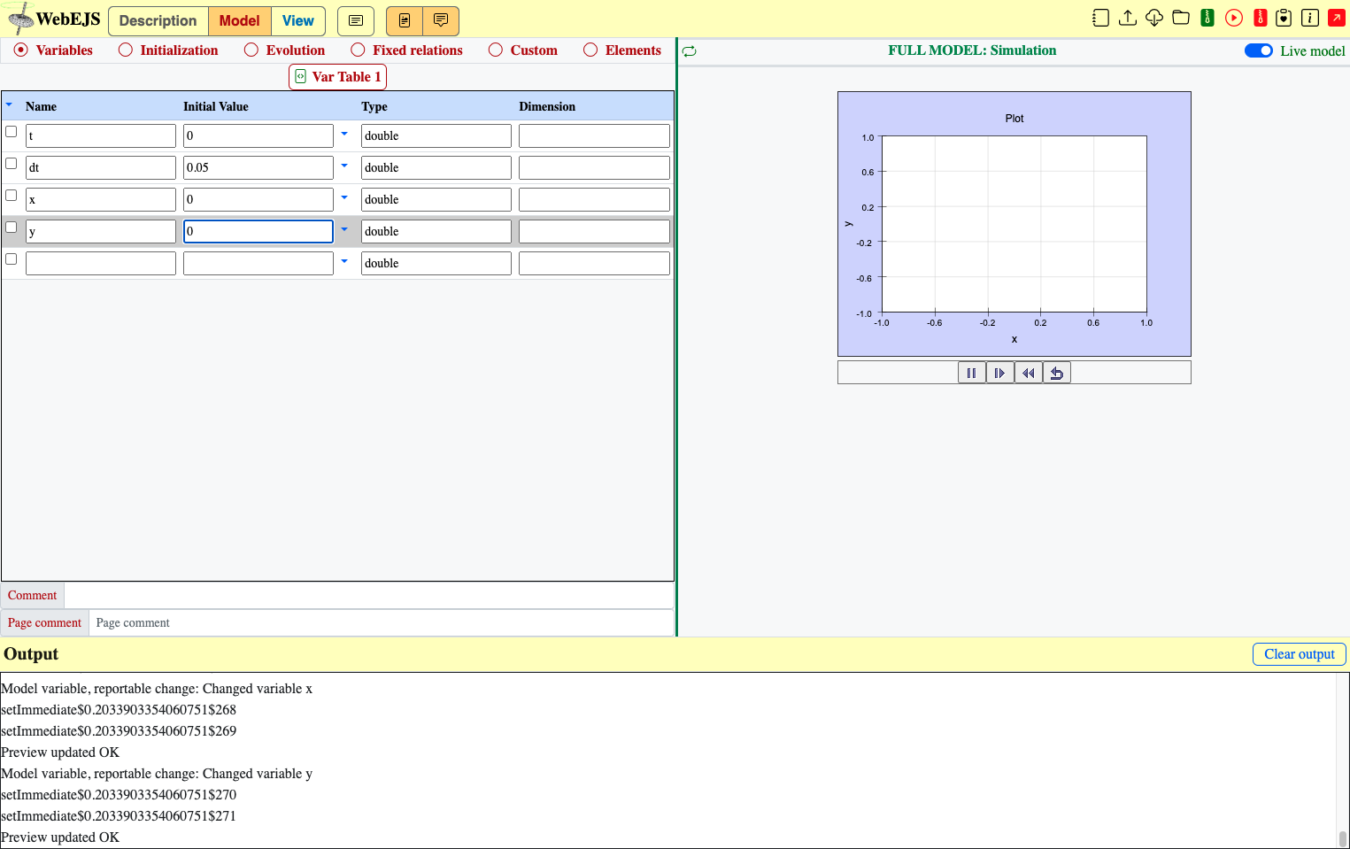 Click on Evolution, to add ability to move variable x and y