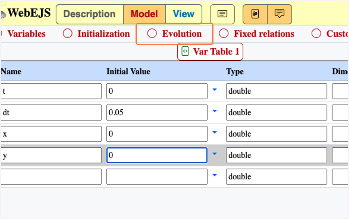Click on Evolution, to add ability to move variable x and y