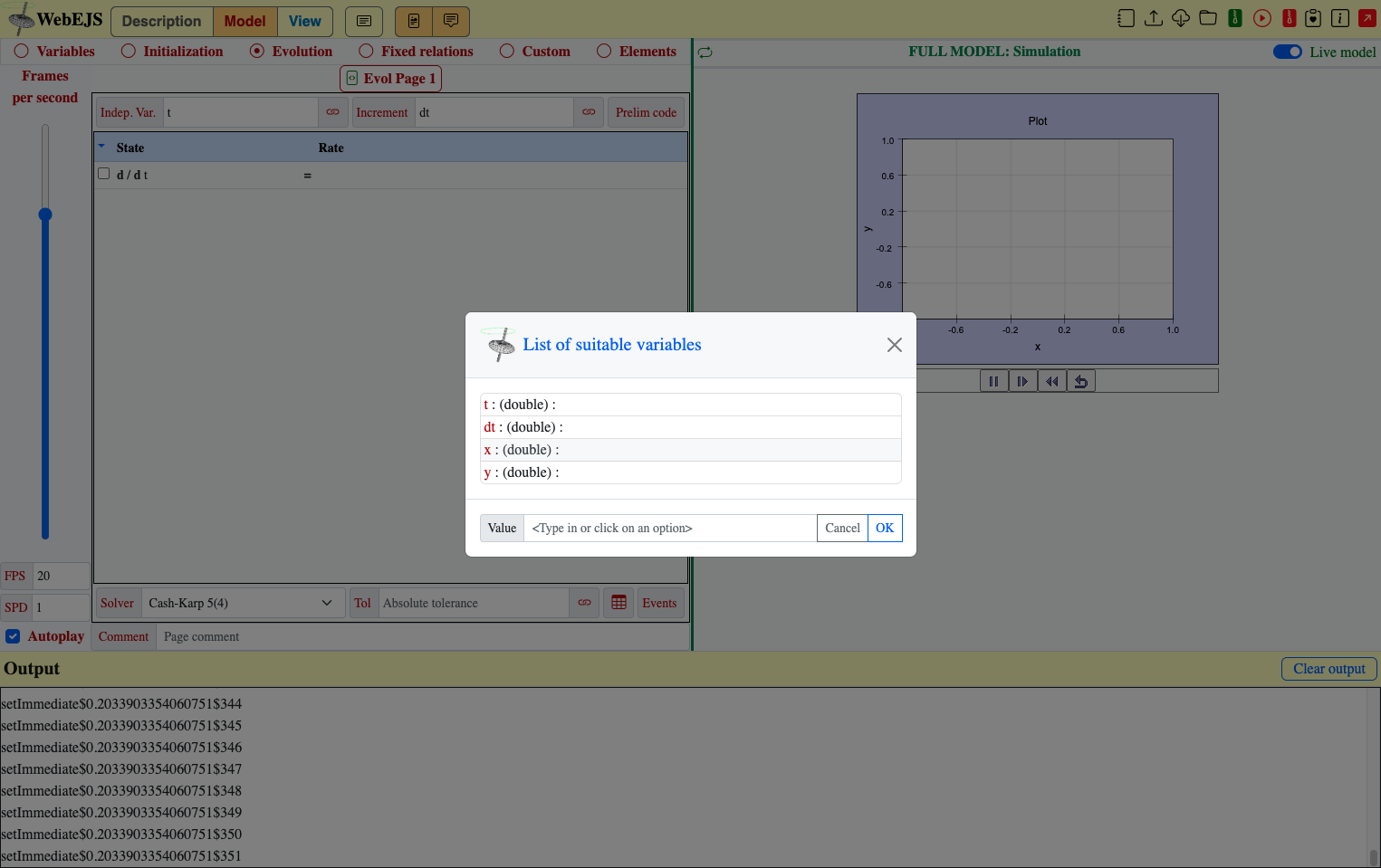 Click on x : (double) : or alternatively type in x in the Value field